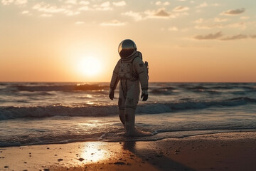 Fototapeta na wymiar astronout walking on the seaside at sunset Generative AI