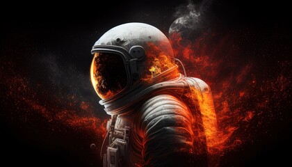 Fototapeta premium Portrait of an astronaut in a spacesuit on a fiery black background