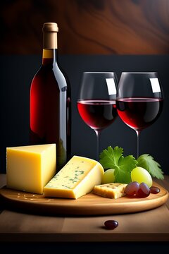 Still life with red wine, cheese, grapes on a wooden background