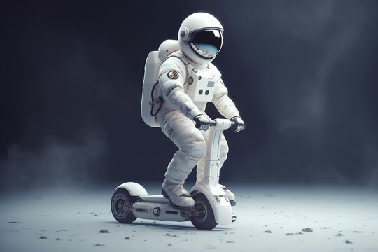 Cosmonaut riding a scooter on deserted land. AI generated image