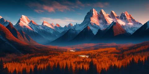 Beautiful landscape with a view of the mountains and the forest valley. Generative AI.