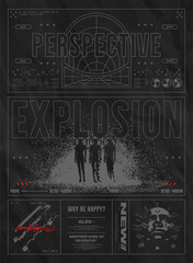 Retro futuristic poster with pixel explosion and blurred people with dither effect. Abstract print for streetwear, for a jacket, t-shirt or sweatshirt. Isolated on black background