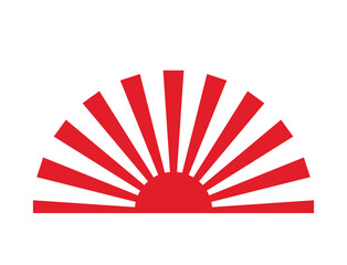 Japanese red rising sun symbol isolated on a white background, flat vector illustration, rays pictogram - obrazy, fototapety, plakaty