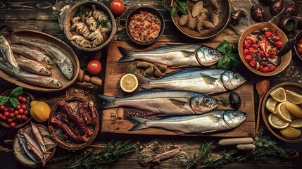 Set of traditional italian fish food on rustic wooden table, flat lay, top view, AI generative