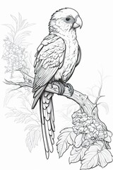 Parrot perched on a tree branch, line art for coloring book, crisp lines, white background, AI generative