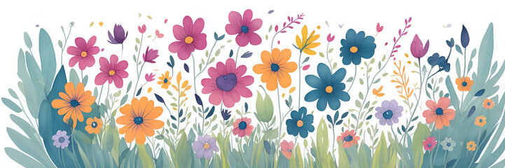 Colorful flower meadow in spring paint. AI generated illustration