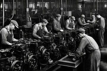 Assembly line, capturing engineering ingenuity and the spirit of the Second Industrial Revolution. generative ai