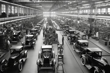 Assembly line, capturing engineering ingenuity and the spirit of the Second Industrial Revolution. generative ai