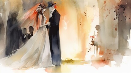 Surreal wedding watercolor style illustration of a Bride and Groom, vintage concept art, Generative AI