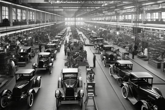 Assembly line, capturing engineering ingenuity and the spirit of the Second Industrial Revolution. generative ai