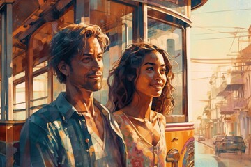 Obraz premium Young Portugese couple, woman and man by historic tram on a sunny day, watercolor AI generative illustration