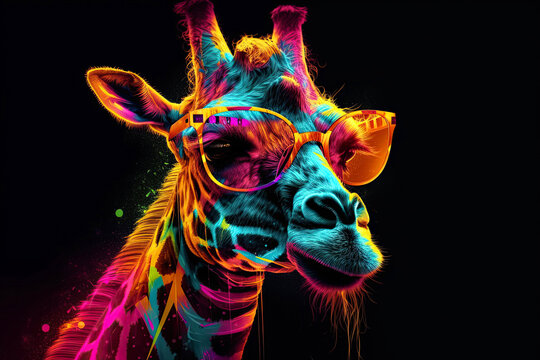 Realistic portrait of a hipster Giraffe wearing glasses in neon colors. Generative AI illustration.