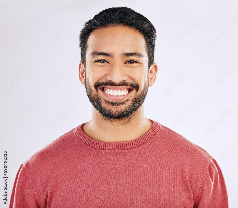 Poster happy, handsome and a headshot portrait of an asian man isolated on a white background in studio. sm