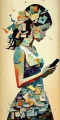 Abstract expression of a girl addicted to mobile phone and social networks. Artistic illustration composed of clippings. Generative AI technology.