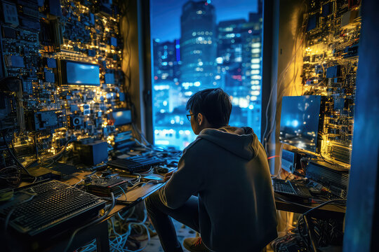 Tech nerd with glasses sits in his chair in a small tech-packed penthouse room overlooking a city skyline, Generative AI