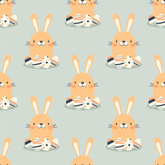 Vector Seamless Pattern with Easter Cute and Funny Cartoon Rabbit. Easter Holiday Design with Brown Flat Hare, Bunny on Blue Background. Vector Illustration