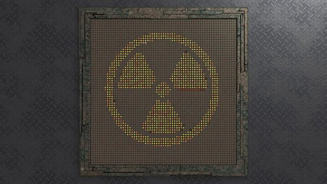 Loop 3d animation of the emerging radiation sign. Vintage monitor. An indication panel with a threat message. Fantastic design. Futuristic style. A message from the past and the future. Warning.