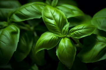 Basil leaves, close up view. Background. Generative AI. - obrazy, fototapety, plakaty
