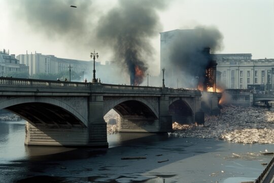 爆撃されて火災が発生している橋