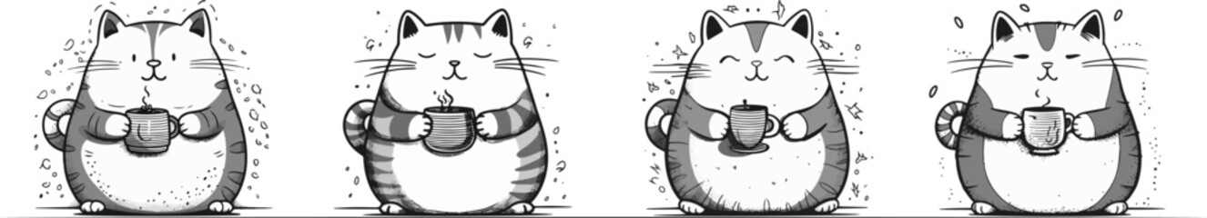 Four fat cat holding coffee cup in paws. Linear vwctor black and white illustration