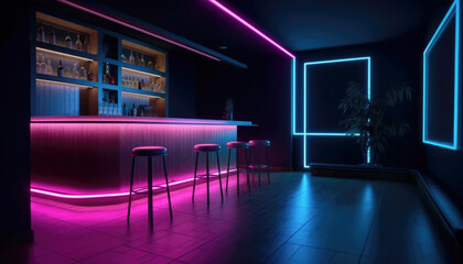 Dark night club scene after hours with moody neon lights