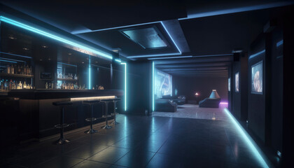 Dark night club scene after hours with moody neon lights