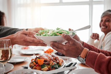 Food, salad and hands with dinner and party, social gathering or event with family or friends and celebration. Holiday, fun and feast with love, meal and nutrition, people have meal together