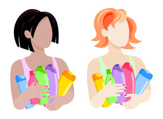 Two variants of images of faceless girls with cosmetic bottles in different colors on a white background