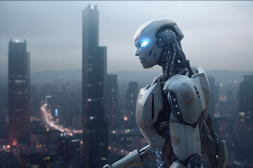 Fototapeta premium Artificial intelligence robot looking at the city. Futuristic concept. Generative AI