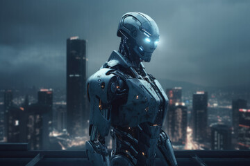 Naklejka premium Artificial intelligence, robot looking at the city. Futuristic concept. Generative AI