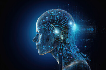 Human Head with Glowing Artificial Intelligence Technology. Science Futuristic Human Brain. AI technology. Future of Artificial Intelligence. Generative Ai.