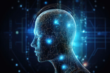Human Head with Glowing Artificial intelligence new technology. Science Futuristic Human Brain. AI technology. Future of artificial intelligence. Generative Ai.