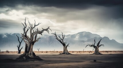 runks of dried dead trees, vast desert with cracked arid soil, summer, desery, Landscape of dry cracked earth, Generated AI
