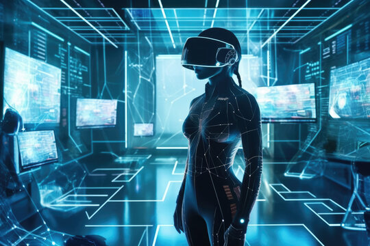 A Girl Wearing A Virtual Reality Headset Surrounded by Monitors Working in Virtual Reality, Artificial Intelligence. Generative AI