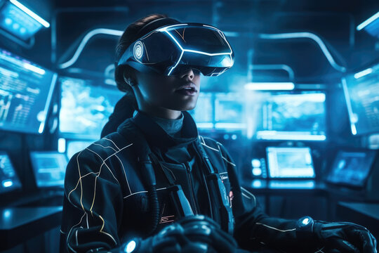 A Girl Wearing A Virtual Reality Headset Surrounded by Monitors Working in Virtual Reality, Artificial Intelligence. Generative AI