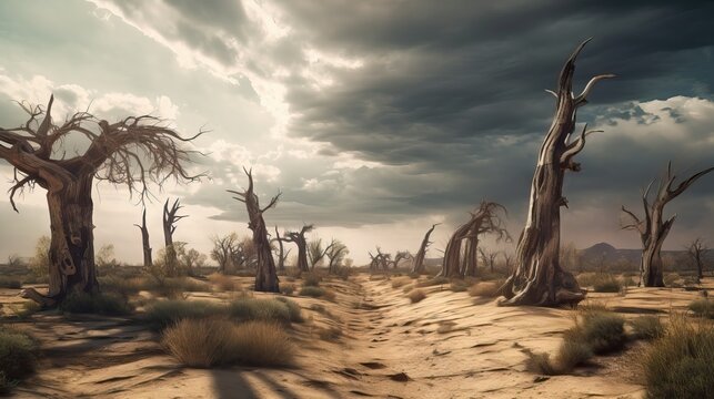 runks of dried dead trees, vast desert with cracked arid soil, summer, desery, Landscape of dry cracked earth, Generated AI