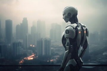 Artificial intelligence robot looking at the city. Futuristic concept. Generative AI