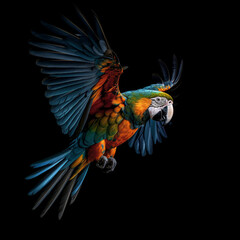 Blue-breasted Macaw (Ara ararauna), against black background, AI-generated