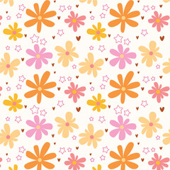 Fototapeta na wymiar Cute daisy vector pattern background, retro flowers, groovy flower