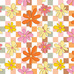 Cute daisy vector pattern background, retro flowers, groovy flower