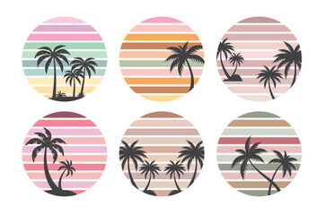 Set of beach with palm and sunset