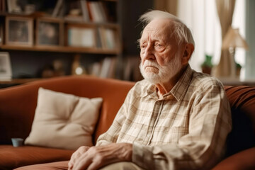Sad elderly man depressed, feeling lost, lonely at home. Mental Alzheimer disease, memory loss, sitting on sofa at home looking into vacancy with bad thoughts, thinking on problems. 
 - obrazy, fototapety, plakaty