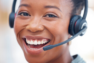 Portrait, call center and customer service with a consultant black woman closeup in her office for...