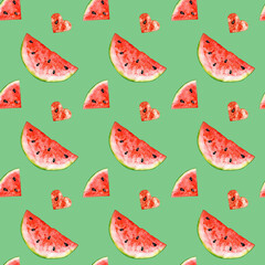Seamless pattern of watercolor slices of watermelon