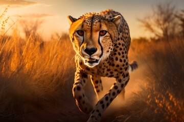 Cheetah running at full speed in South Africa. Generative AI