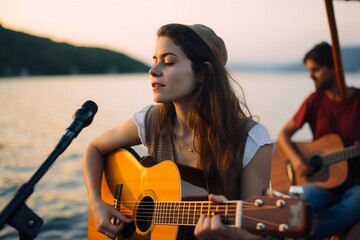 Fototapeta premium Young woman playing guitar. Generative AI
