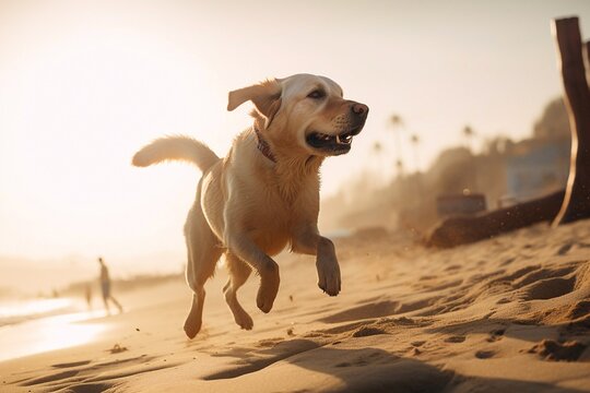 Excited golden retriever running on the beach. Generative AI