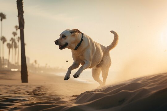 Excited young golden retriever jumping and running on the beach. Generative AI