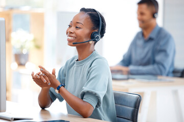 Call center, smile or friendly black woman in communication at telecom customer services office....