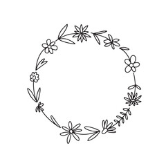 Vector wreath with doodle flowers. Hand drawn wreath with many summer flowers isolated